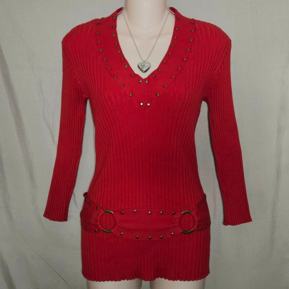 Dressbarn Red Studded Ribbed Knit Long Sleeve Belted Top Blouse